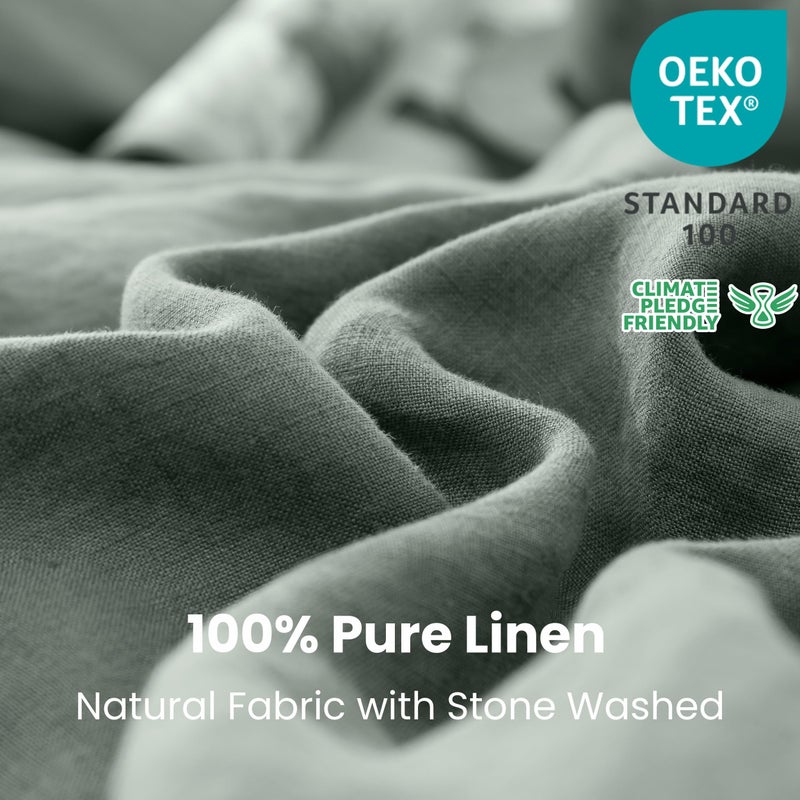 Simple&Opulence 100% Linen Duvet Cover Set 3pcs with Coconut Button Closure Natural French Washed Flax Solid Color Soft Breathable Farmhouse Bedding - Cushing Green, Queen Size - Image 2